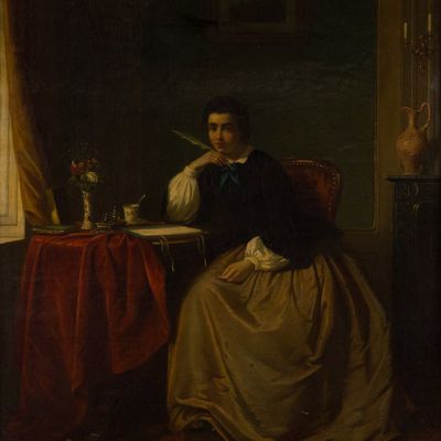 Jan Jacobus Matthijs Damschreuder, 1825-1905, Woman Writing a Letter, Oil on Canvas