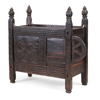 Antique Swati Chip-Carved Hardwood Dowry Chest