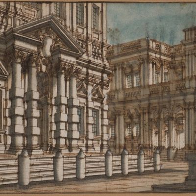 Architectural View of Renaissance Palace, Pen, Ink, and Wash on Paper