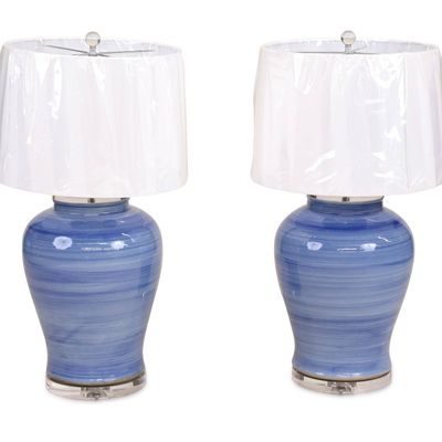 Pair of Modern Blue Striped Glass Table Lamps
