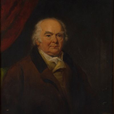 Portrait of Man in Front of a Curtain, Oil on Board