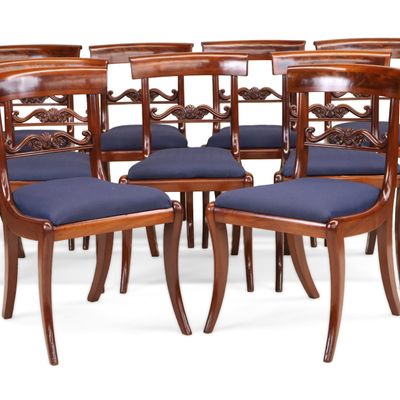 Nine Regency Style Inlaid Mahogany Dining Chairs