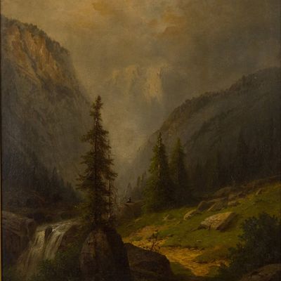Herman Geyer, Mountain Landscape with Waterfall, Oil on Board