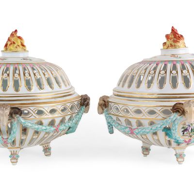 Two Nearly Identical Meissen Centerpiece Covered Baskets