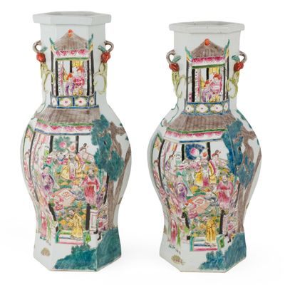 Near Pair of Chinese Hexagon Shaped Famille Rose Porcelain Vases