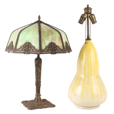 Arts and Crafts Style Yellow-and-White Glazed Ceramic Table Lamp