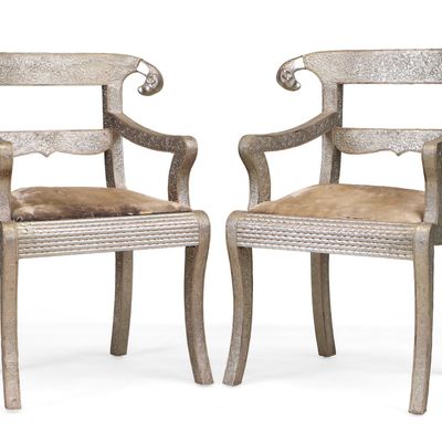 Pair of Regency Style Anglo-Indian Silvered-Metal Ram's Head Armchairs