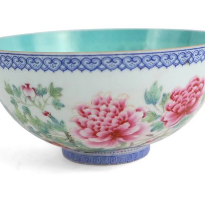Chinese Eggshell Porcelain Famille Rose Peony Bowl