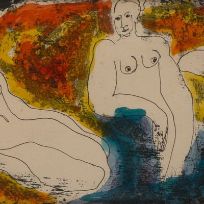 Juan Velasquez, Mexican 1950-, Three Graces, Watercolor over Black Ink