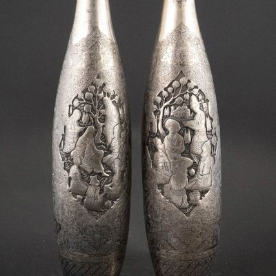 Pair of Silver Tall Middle Eastern Vases