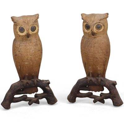 Pair of Cast Iron and Glass-Inset Owl Andirons