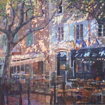 John Hammond, British 1961-2023, Cafe in the Place des Freres, Oil on Board
