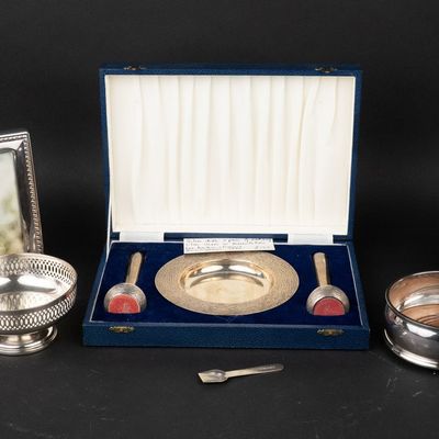 Modern English Silver Dish and Matching Vases