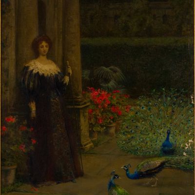 Portrait of Woman with Peacocks, Oil on Canvas