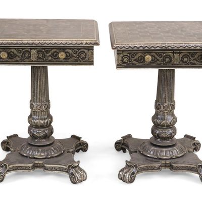 Pair of William IV Silver-Gilt Ebonized Hardwood Occasional Tables