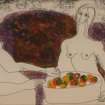 Juan Velasquez, Mexican 1950-, Two Nude Women with Basket of Fruit, Watercolor over Black Ink