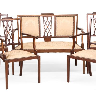 Edwardian Satinwood Inlaid Mahogany and Marquetry Salon Suite