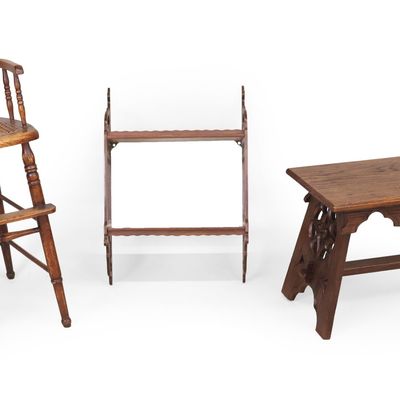 Gothic Oak Stool, Child's Chair, and Mahogany Shelf