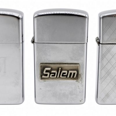 Three Slim Zippo Lighters, Advertising and Plain