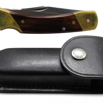 Schrade+ LB7 Folding Knife with Leather Sheath