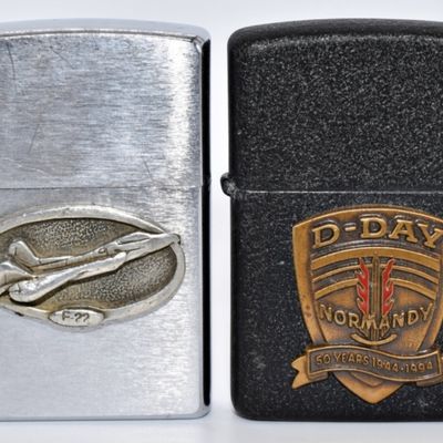 Two Zippo Lighters, Chrome F-22 Fighter & D-Day