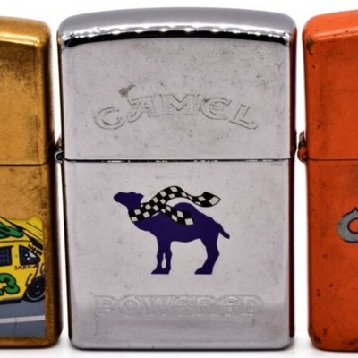Three Camel Zippo Lighters, Gold, Chrome, Orange