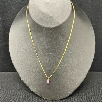 Yellow Gold 18k Necklace With Purple Stone Pendant And Matching Earrings