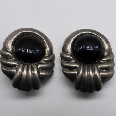 Taxco Sterling Black Onyx Clip Ons