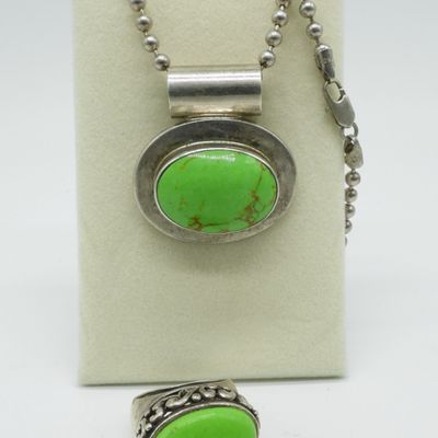 Green Turquoise, Taxco 925 Necklace & Ring