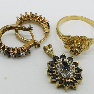 Sterling Gold-Tone Blue Stone Jewelry Lot, 3pc