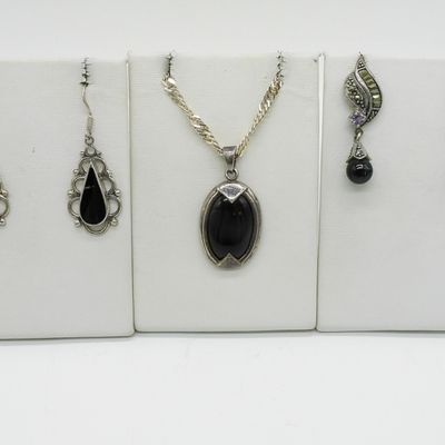 Sterling Silver Onyx Necklace & Earrings Set