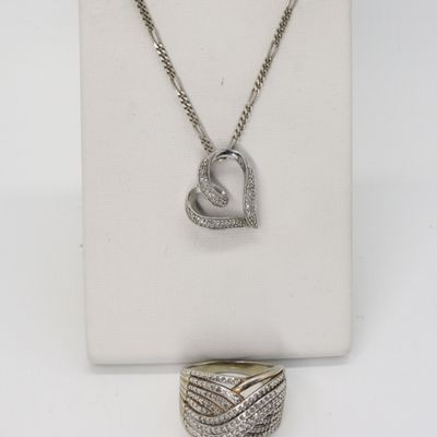 Diamond 925 Gold Tone Ring & Necklace