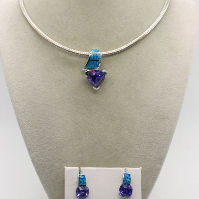 Amethyst & Opal Sterling Necklace Earring Set