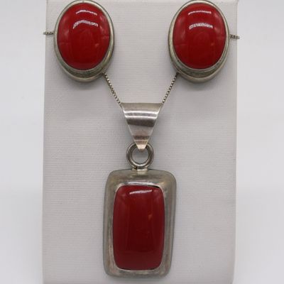 Taxco Sterling Red Coral Pendant & Earrings