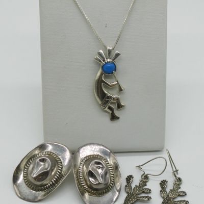 Sterling Kokopelli Necklace & Southwest Earrings