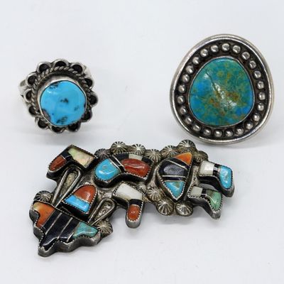 Zuni Inlay Brooch & Sterling Turquoise Rings
