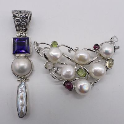 2 Sterling Pearl & Gemstone Pendants