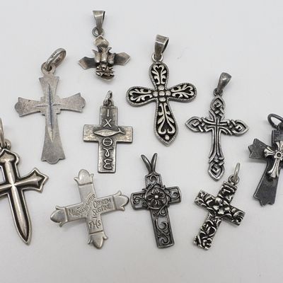 Ten Sterling Cross Pendants