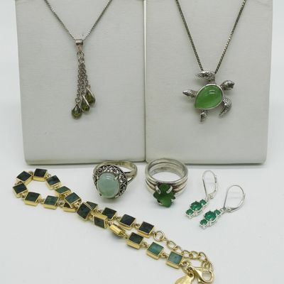 Jade, Peridot, Sea Glass Sterling Lot