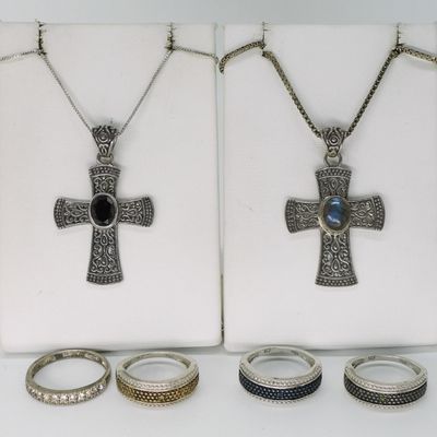 Sterling Cross Necklaces & Four Rings