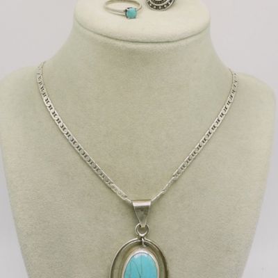 Large Taxco Turquoise Pendant, Chain & Rings