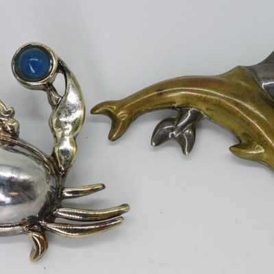 Two Sterling & Gold Tone Sea Life Brooches