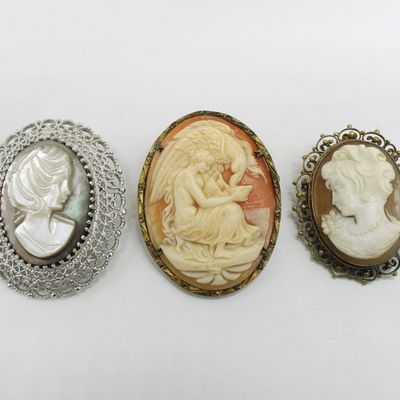 3 Sterling Vintage Cameo Brooches