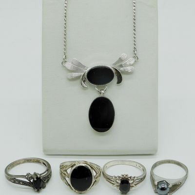Van Dell Sterling Onyx Necklace & Ring Lot