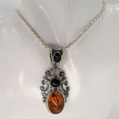 Amber & Black Onyx Sterling Necklace