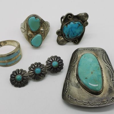 Sterling Turquoise Lot, 5pc Rings Pin Bolo
