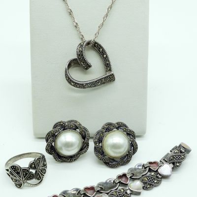 Sterling Marcasite Pearl Jewelry Set, 4pc