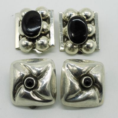 2 Pair Clip On Black Onyx Sterling Earrings