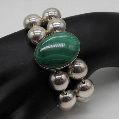 Taxco Mexico Sterling Malachite Bead Bracelet