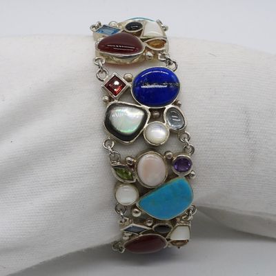 Wide Multi Gemstone Sterling Bracelet